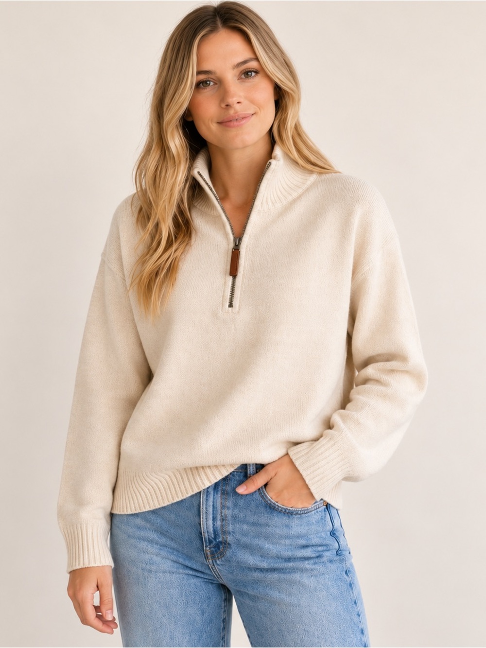 Brandy Melville Cream 100% Cotton Quarter Zip Sweater One Size